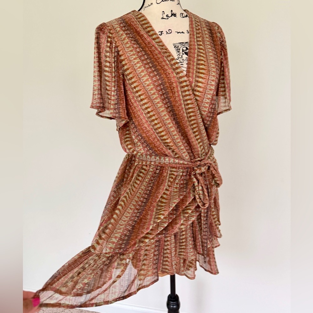 Ramy Brook Chelsea Mini Dress Belted Brown/Green Metallic Ruffle Hem Fairy Core - Picture 13 of 16